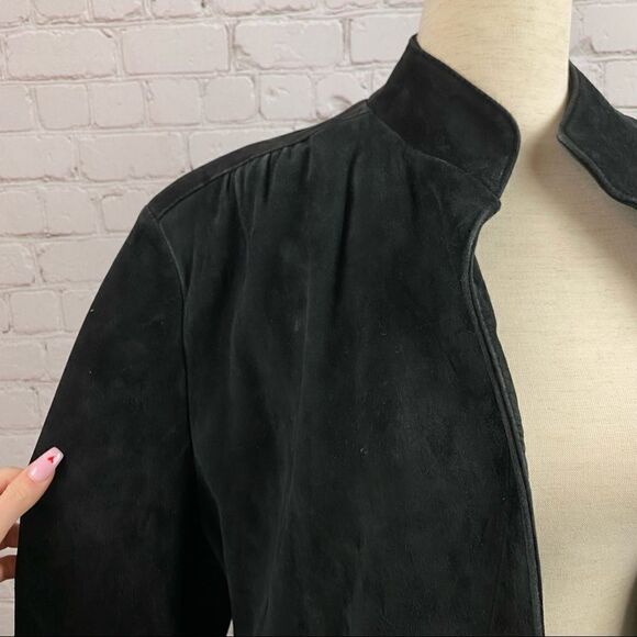 Vintage 90s Artpel Genuine Suede Leather Open Front Black Blazer Jacket Large - Picture 7 of 11